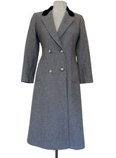 Vintage Youthcraft Coat Gray Wool Black Velvet Collar Double Breasted S Women picture