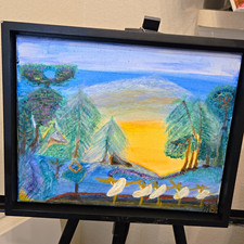Impressionist Framed Landscape Painting with Trees, Birds, Lake & Sunset picture