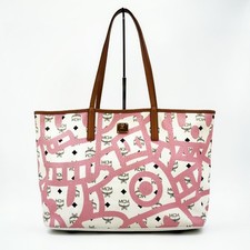MCM White Pink Visetos Graffiti Large Shopper Tote Bag Brown Leather Handles picture