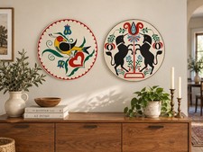 Vintage Pennsylvania Dutch Folk Art Hex Signs 23.25” Bird Horses Wall Decor Pair picture