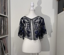 NWT Babeyond Blue Paisley Sequin Beaded Micro Mesh Bolero Shawl Wrap Women’s S/M picture