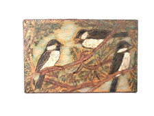 Vintage Songbird Bird Pyrography-Carved Wood Big Cat Tiger on Back Folk Art picture