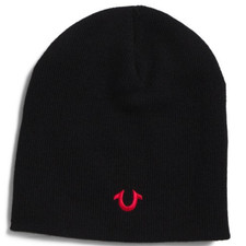 TRUE RELIGION Stretch SOFT Beanie Unisex Black RED LOGO Hat One Size NEW NWT $49 picture