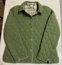 L.L. Bean Women’s Army Green Cotton Quilted Button Up Plaid Lined Jacket Size M picture
