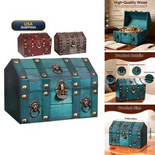GemJelry Large Vintage Wooden Treasure Chest Antique Box Metal Lock Wood Box picture