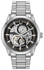 Bulova Men's Sutton Automatic Skeleton Silver Stainless Steel Watch 43MM 96A208 picture