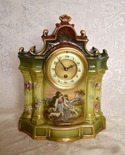 ANTIQUE FRENCH PORCELAIN TIME ONLY MANTEL CLOCK WITH PASTORAL SCENE. SERVICED picture