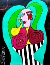 ORIGINAL colorful PICASSO STYLE PAINTING upcycled 17x22 SWARTZMILLER DNA POP ART picture