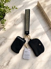 lululemon Dual Pouch Wristlet 3-Piece Set Wrist Strap Zipper Logo Black/Gold picture