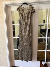 Tadashi Shoji Dusen Gown Size 6 Smoke Pearl Gold Embroidered Tulle Formal Dress picture
