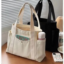 Large Canvas Tote Bag Women Zipper Shoulder Bag Work College Laptop Shopping Bag picture