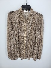 Chicos 2 Top Womens Large Brown Animal Print Chiffon Ruffled Button Up Boho Art picture