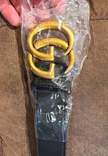 Gucci Men’s Black Dress Belt Gold GG Logo Buckle Adjustable Size 95 picture