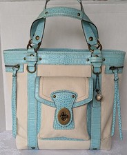 Coach Legacy Slim Tote Bag 10648 Turquoise Blue Beige Canvas Leather Vintage Y2K picture