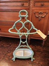 Antique French Art Nouveau Green & White Enameled Cast Iron Umbrella Stand picture