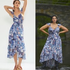 NWT Anthropologie Hutch Floral Ruffle Midi Dress Women's Blue Size 14 picture