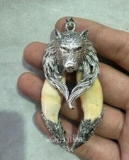 Chinese Teeth Inlaid Tibetan Silver Wolf Head Pendant Amulet Collection picture