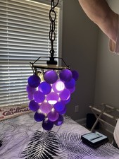 VTG MCM Lucite Purple Grape Hanging Gold Chain Grape Leaves Accent Light picture