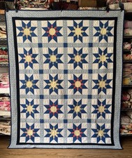 Vintage Blue White Sawtooth Star Quilt Floral Applique Hand Quilted 64” X 79” picture