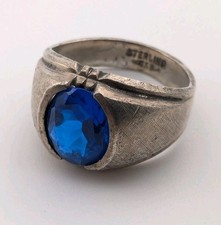 Vintage Sterling Silver Ring Deep Blue Stone Mens Signet C&C Size 9.25-9.5 READ picture