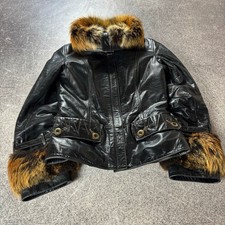 Y2K LambLeather Jacket Fur Trim Collar Cuffs Fitted Vintage Chic Contrast Stitch picture