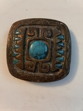 Vintage Faux Turquoise Metal Southwest Etched Square Belt Buckle  picture