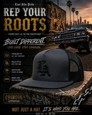 LA Old English Trucker Hat Gray Black Mesh Snapback Flat Bill Cap picture