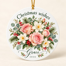 Personalized Floral Christmas Ornament Watercolor Roses Custom Name Metal Gift picture