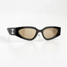 Chanel CH6056 54mm Cat Eye Sunglasses in Black and White with Beige Lenses picture