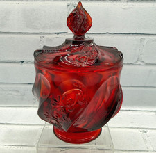 Fenton Paisley Swirl Lidded Candy Dish Red Amberina Art Glass Cadmium Glow 1990s picture