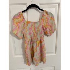 Roxy Girls Pastel Swirl Puff Sleeve Romper Smocked Retro Bohemian Size 7 XS picture