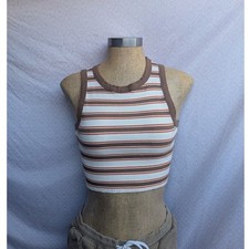 RSQ Tank Top Womens XL Brown Excellent Striped Ribbed Knit Cropped Crew Neck picture