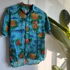 Vintage 60s South Pacific Rayon Hawaiian Shirt Blue Pineapple Made in Japan picture