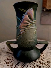 Vintage Roseville Pottery Violet & White Freesia Vase 7.5” Deep Green MCM 119-7 picture