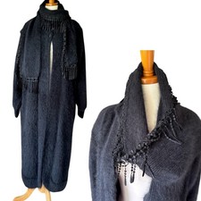 Vntg Venesha Black Angora Sweater Coat Long Lined Knit Duster w/ Fringe Scarf S picture