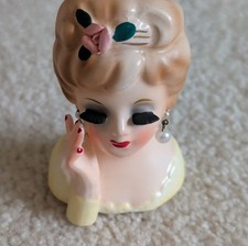 Vintage INARCO Lady Head Vase E-480 1963 Pearl Earrings Hand Face Mini Japan * picture