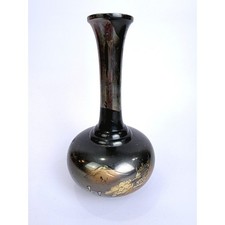 Vintage Japanese Amita Damascene Bud Vase Black Gold Silver Pagoda Mt Fuji 6.25