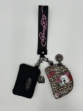 Ed Hardy Wristlet Coin Purse Pouch Set Leopard Print Skull Roses Nylon NWT Y2K picture