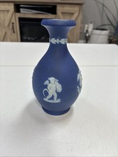 Wedgwood Dark Blue Jasperware 5” Bud Vase Putti Cherubs Classical Relief England picture