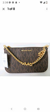 Michael Kors Brown Monogram Zip Top Crossbody Bag Gold Chain Strap Small picture