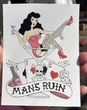 Original Art ACEO ATC Miniature Watercolor Mans Ruin Tattoo Style picture