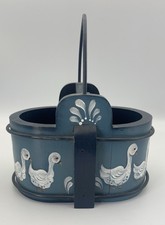 Vintage Hand Painted Wooden Goose Basket Tote Cottagecore Farmhouse Folk Art picture