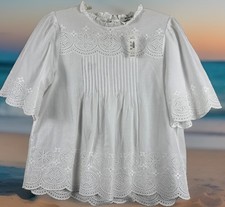NWT Madewell Eyelet Blouse Small White 100% Cotton Pintuck Ruffle Boho Top picture