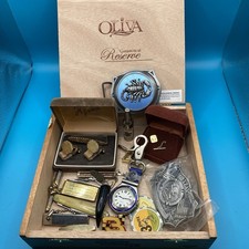 Cigar Box Full Of Miscellaneous Grandpa’s junk  Cuff Links Watch Pocket Knife picture