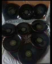VTG Yamanaka Lacquerware Large 11 Set Black Gold Rice Bowl Plates Japanese Box picture
