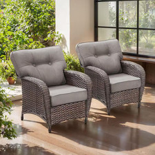 Twrap Brown Wicker Outdoor Lounge Chairs with 5 In. Thick Gray Box-Edge Cushions picture
