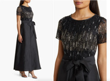Pisarro Nights Black Beaded Bodice Mixed Media Gown Size 6 $288 picture