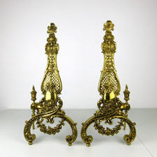 Pair of Vintage French Rococo Style Brass Fireplace Andirons picture