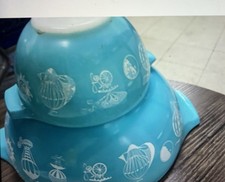 Vintage Pyrex Turquoise Hot Air Balloons Chip & Dip Cinderella Bowl Set 444/441 picture