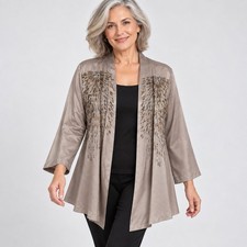 Chicos 2 Satin Beaded Sunrise Jacket Large Cinder Gray open front Kimono NWT picture